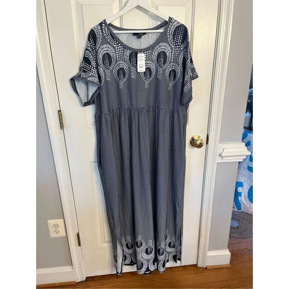 Suzanne Betro Navy & White Print Maxi Dress sz 2X NWT